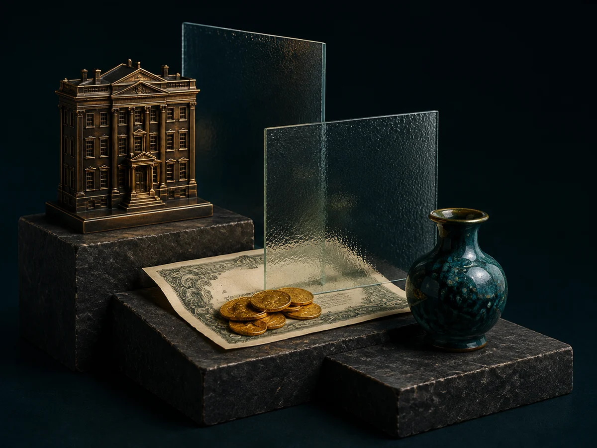 A bronze property model, investment certificate, coins and art vase separated by textured glass